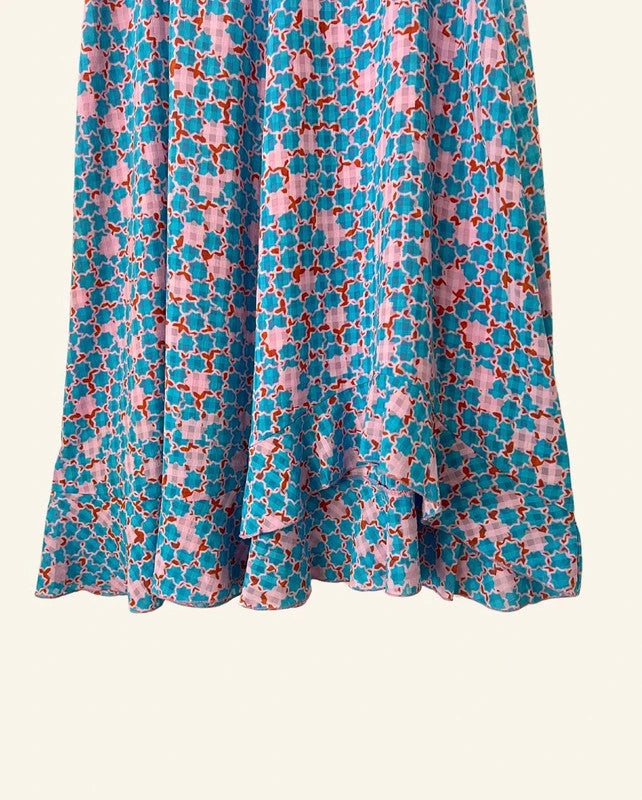 STINE GOYA marigold blue pink printed midi satin skirt