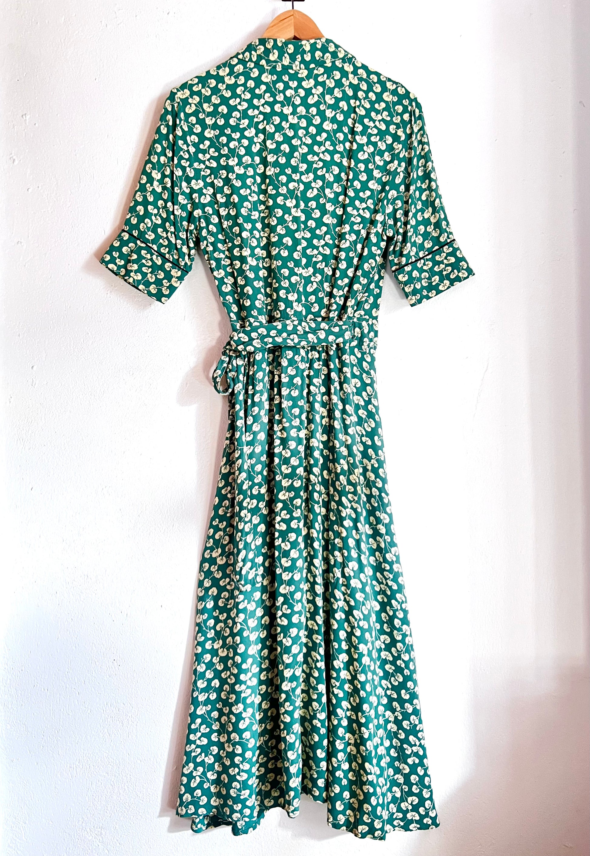 ganni dalton crepe dress green white flowers wrap
