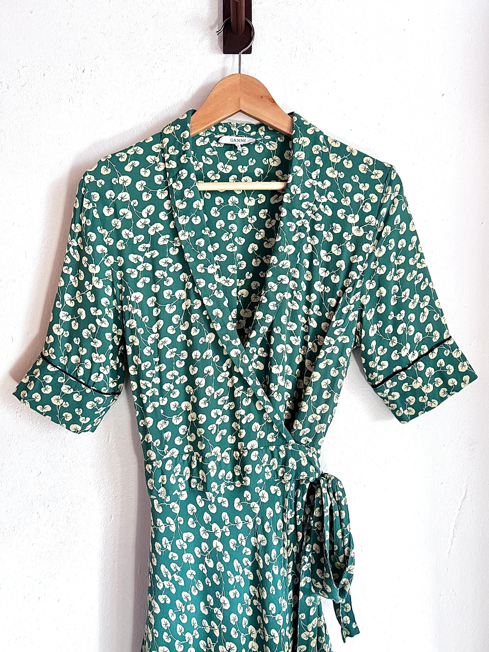 ganni dalton crepe dress green white flowers wrap