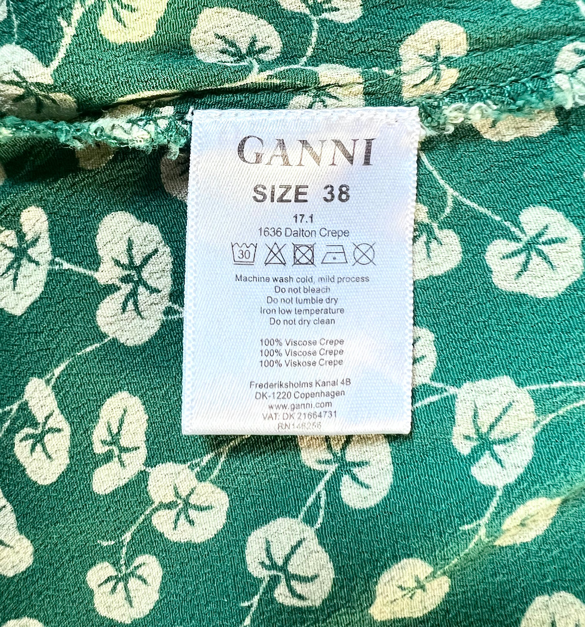ganni dalton crepe dress green white flowers wrap