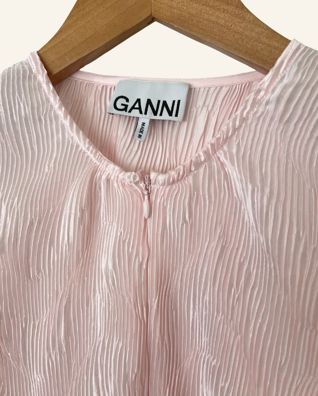 GANNI light baby pink pleated satin mini dress with belt