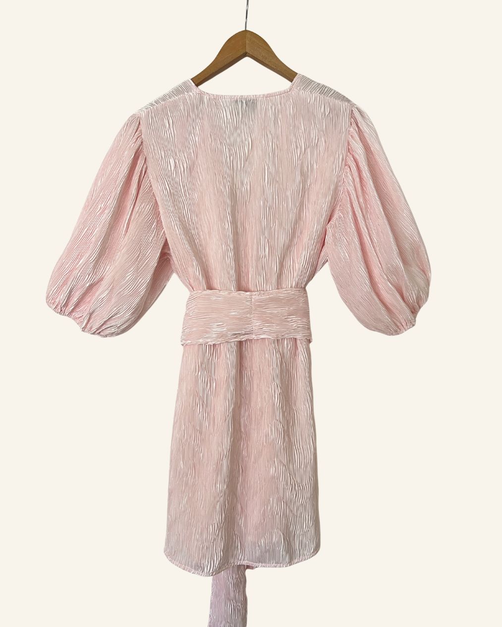 GANNI light baby pink pleated satin mini dress with belt