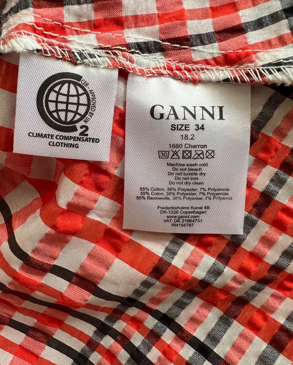 GANNI "Charron" maxi long seersucker dress with puff sleeves