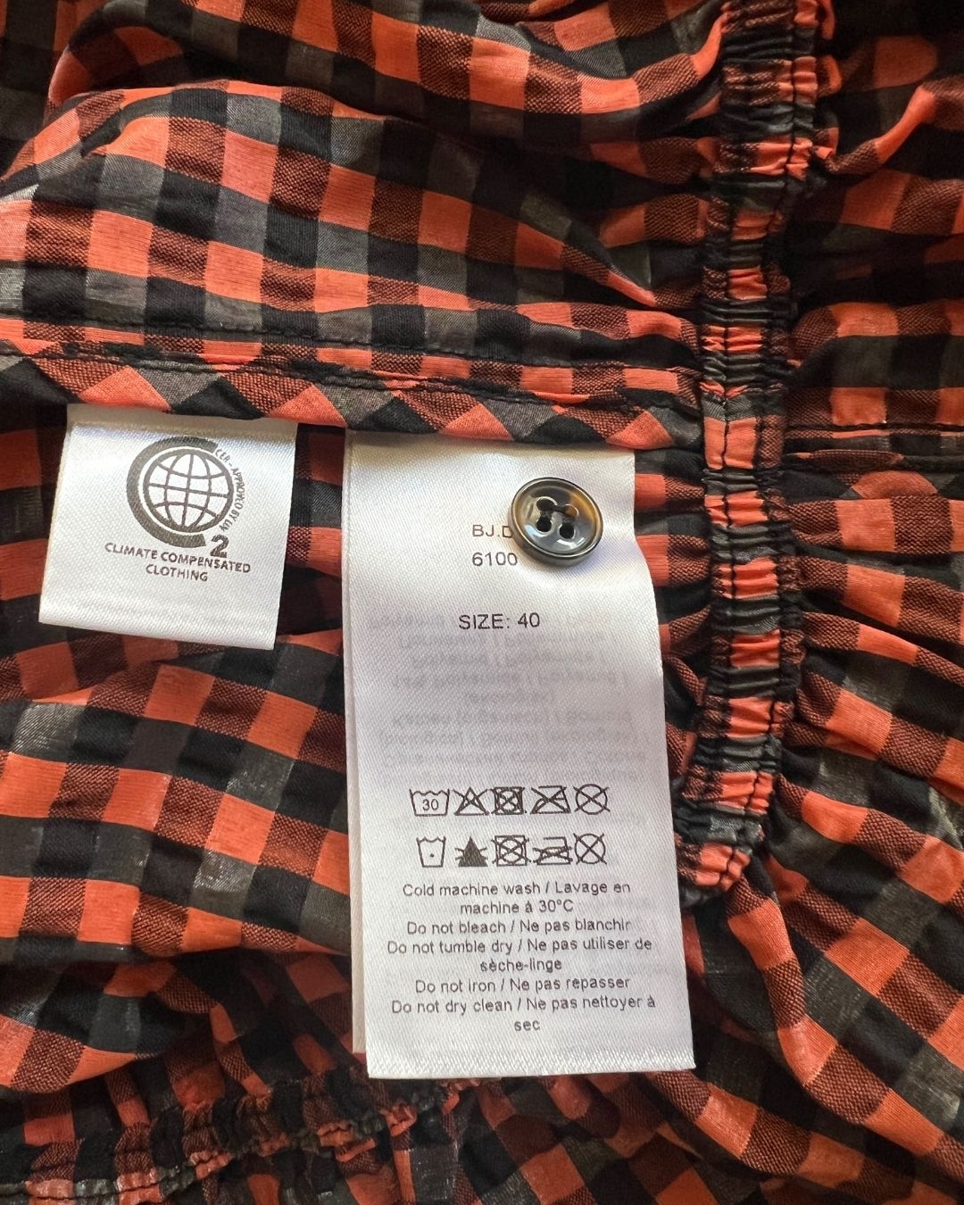 GANNI seersucker coral red / black gingham peplum blouse