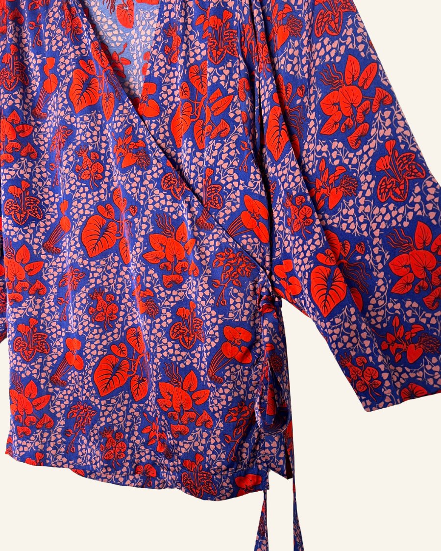 RODEBJER "Benessa" satin wrap kimono spirit floral blouse