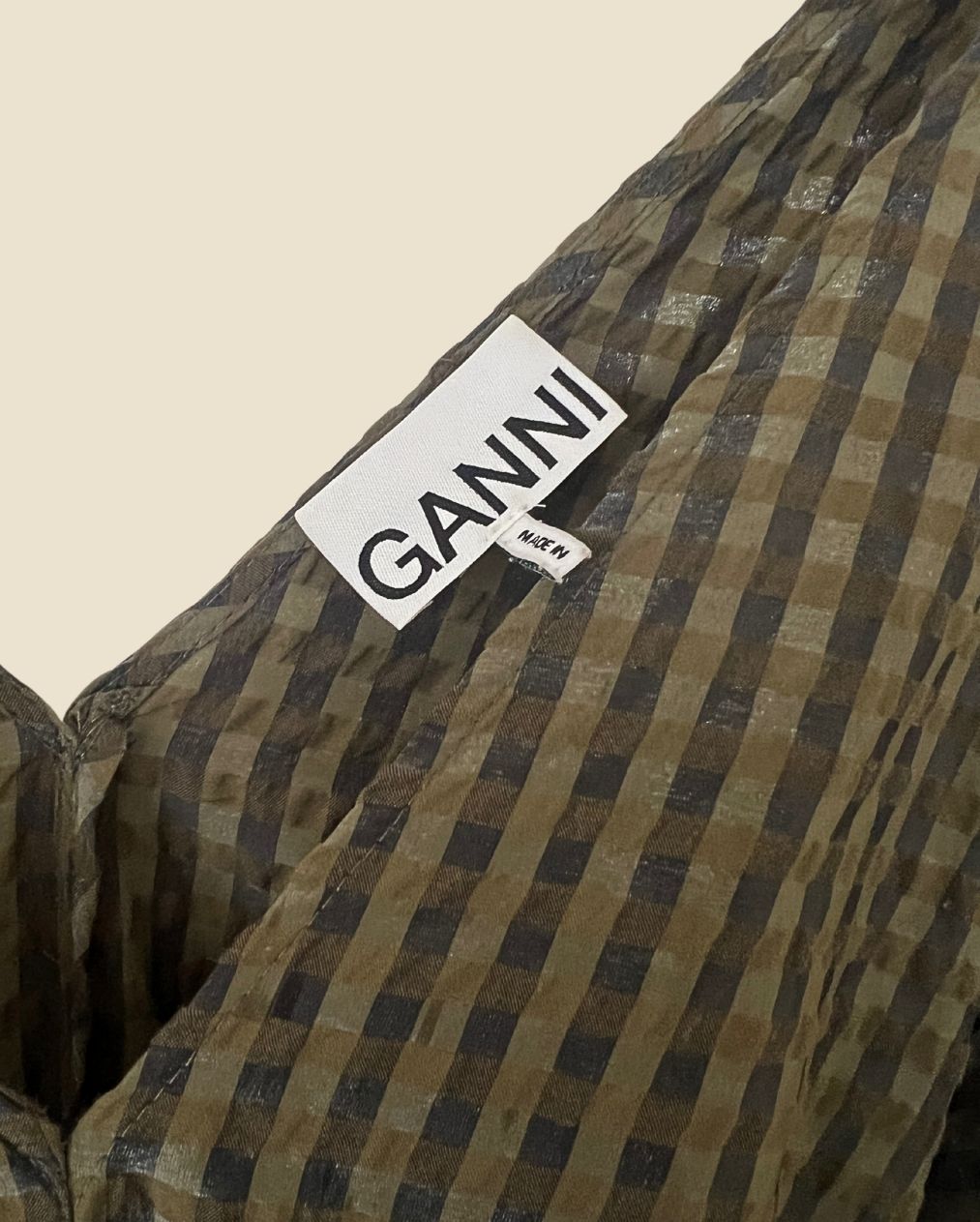 GANNI kaki green gingham seersucker checked dress with puff sleeves