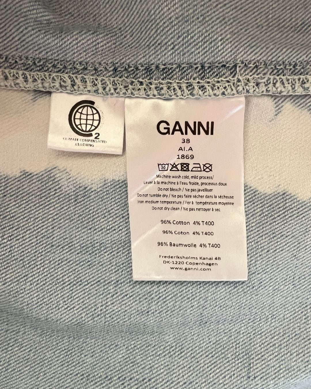 GANNI Acadia tie dye bleach spiral light blue jeans denim long dress