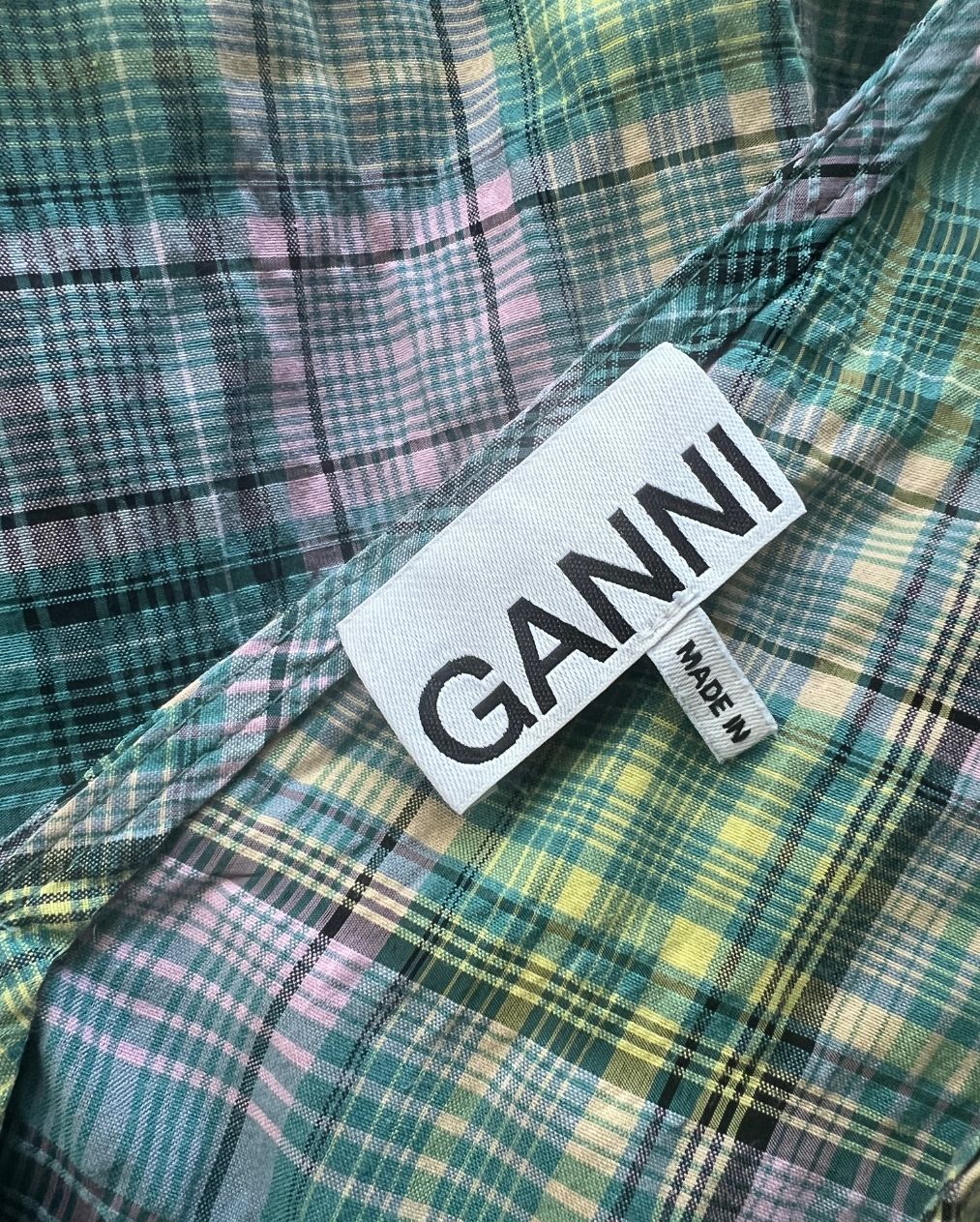 GANNI seersucker checked V- neck puff sleeves mini dress blue lilac