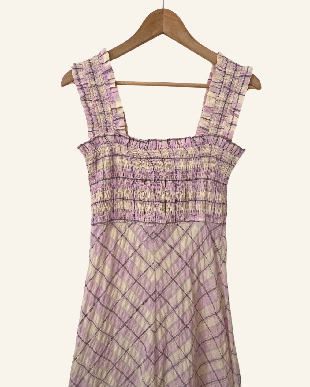 GANNI Beautiful long lilac and cream ruffled seersucker checked summer dress