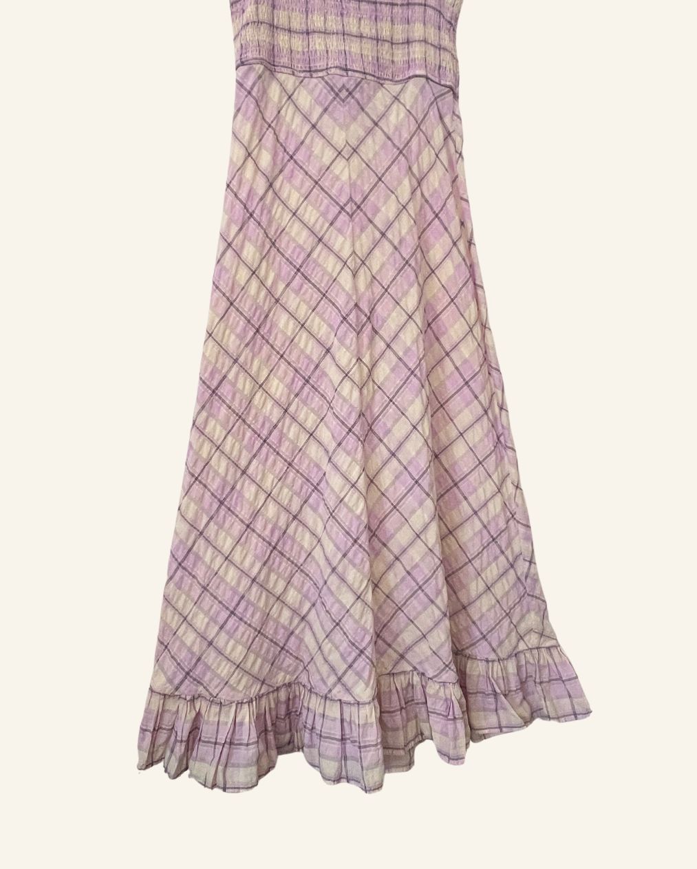 GANNI Beautiful long lilac and cream ruffled seersucker checked summer dress