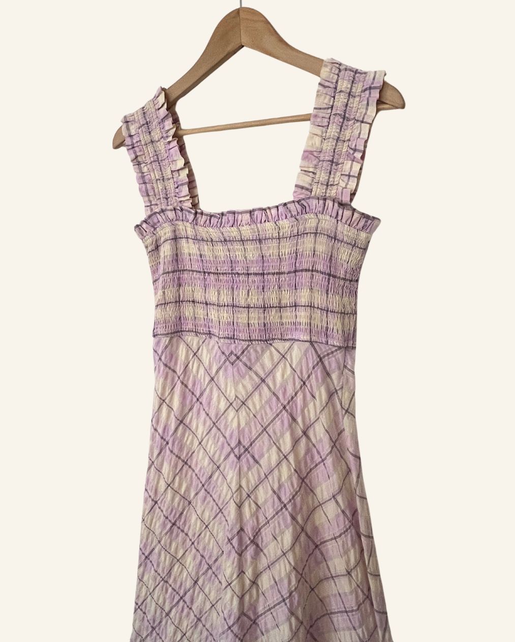 GANNI Beautiful long lilac and cream ruffled seersucker checked summer dress