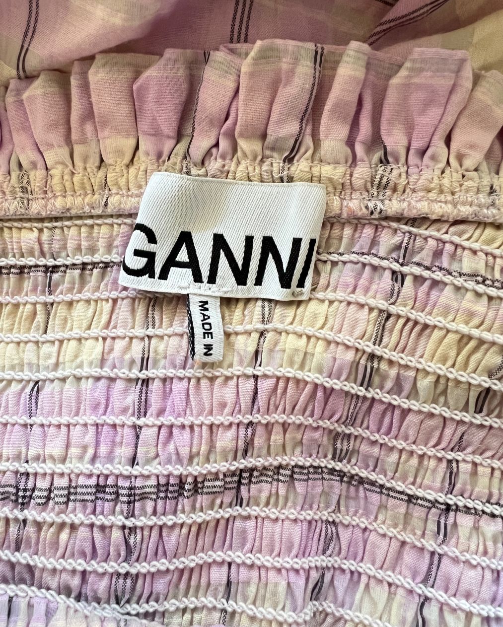 GANNI Beautiful long lilac and cream ruffled seersucker checked summer dress