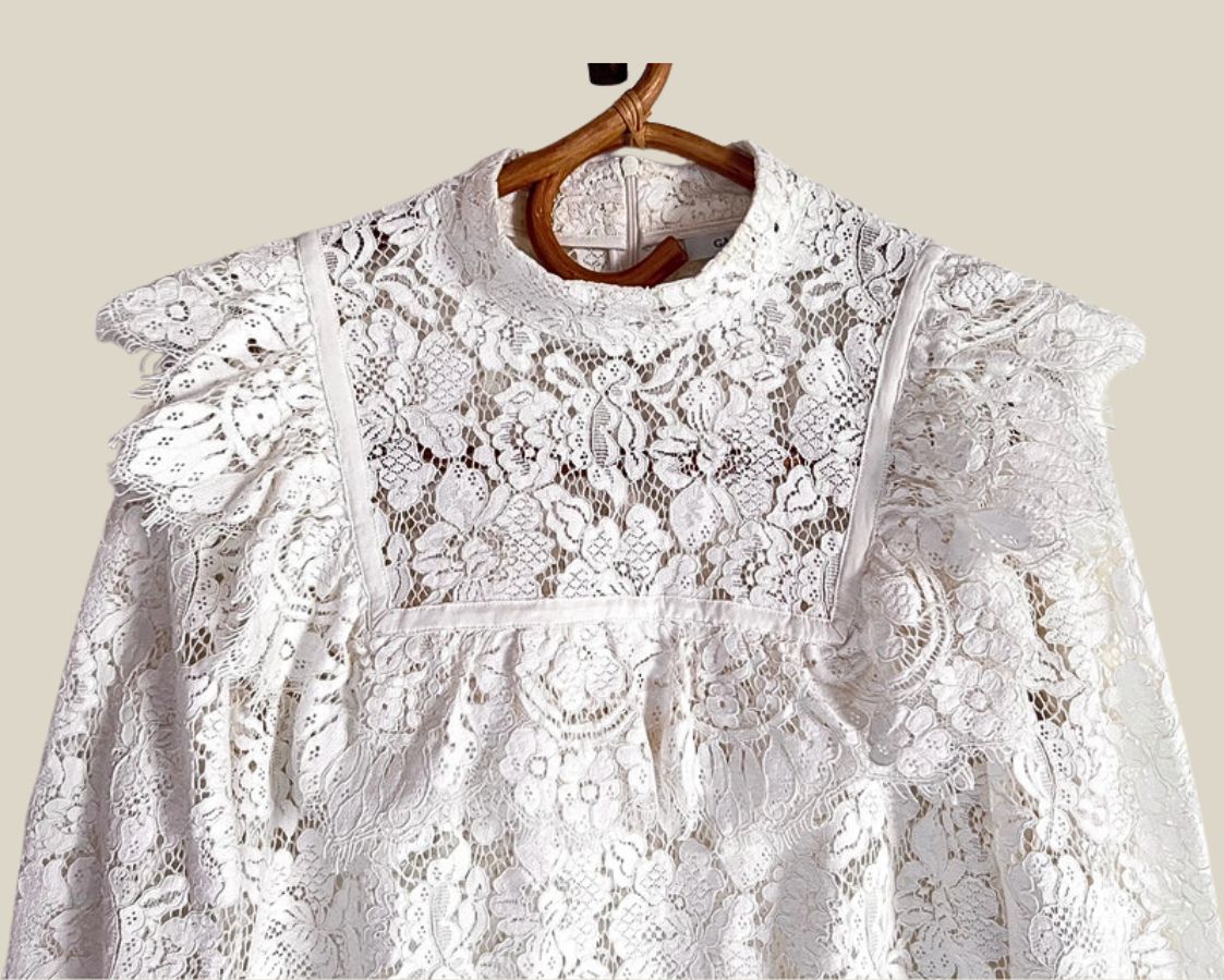 ganni jerome lace antique white creme ruffle top blouse