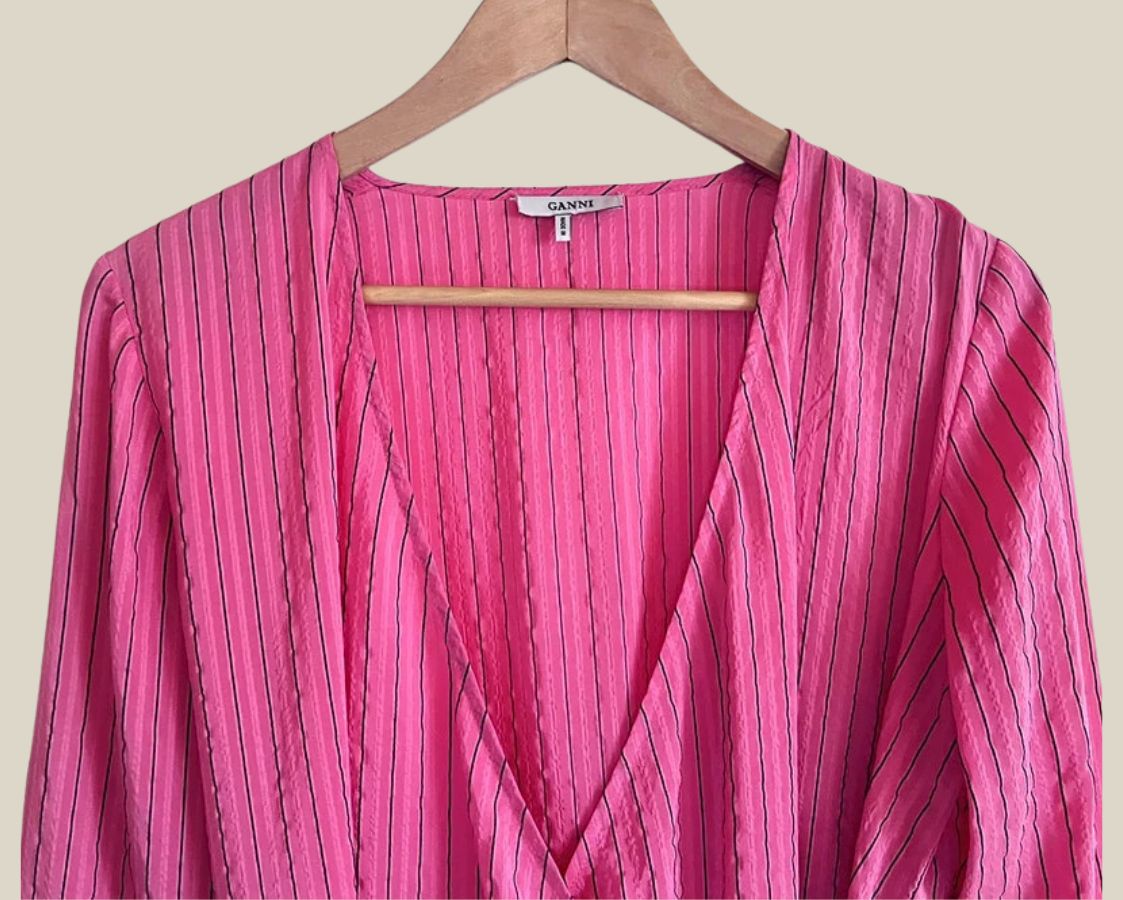ganni lynch seersucker pink black stripe wrap shirt blouse silk