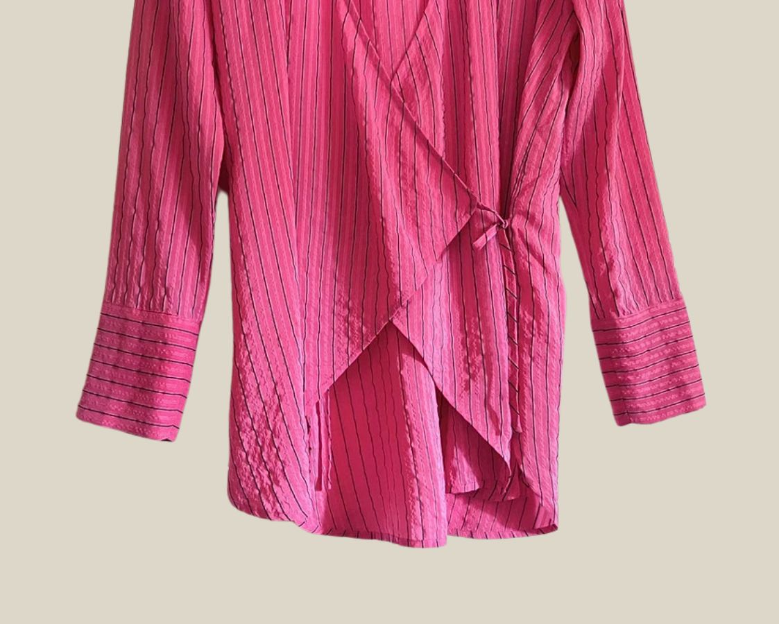 ganni lynch seersucker pink black stripe wrap shirt blouse silk
