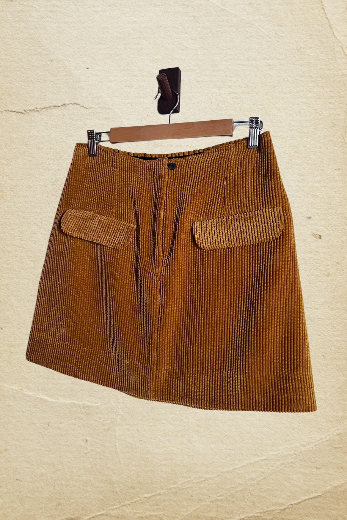 secondfemale mustard brown corduroy velvet pockets mini-skirt