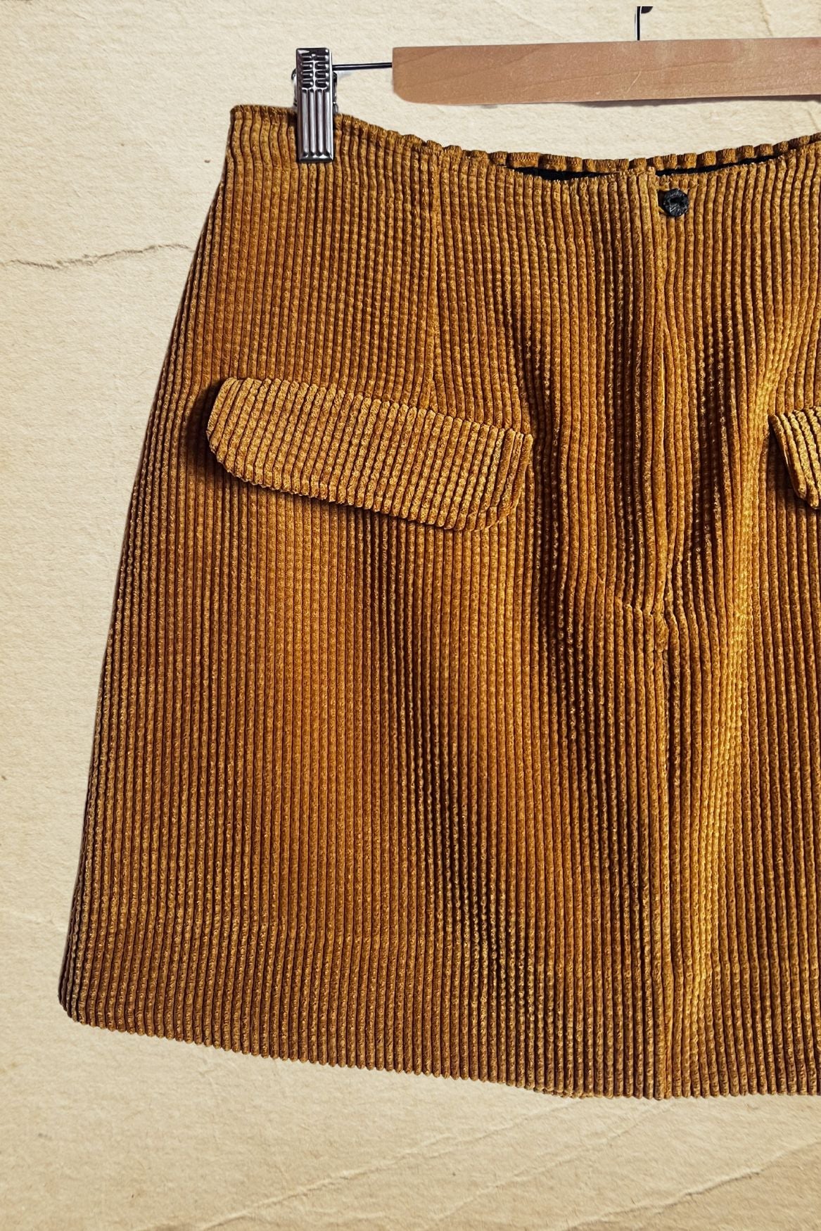 secondfemale mustard brown corduroy velvet pockets mini-skirt