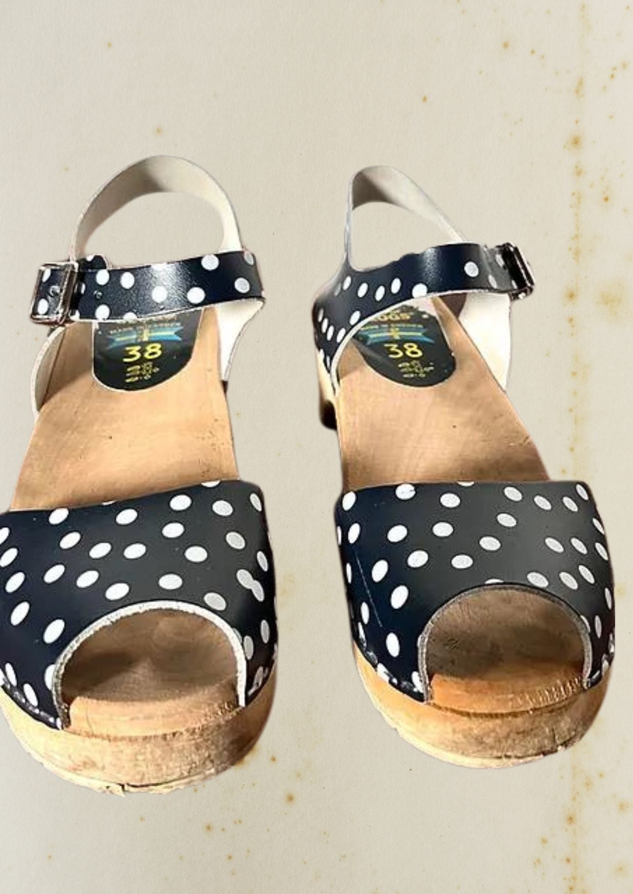 navy blue white polka dot clog shoe wood leather open toe