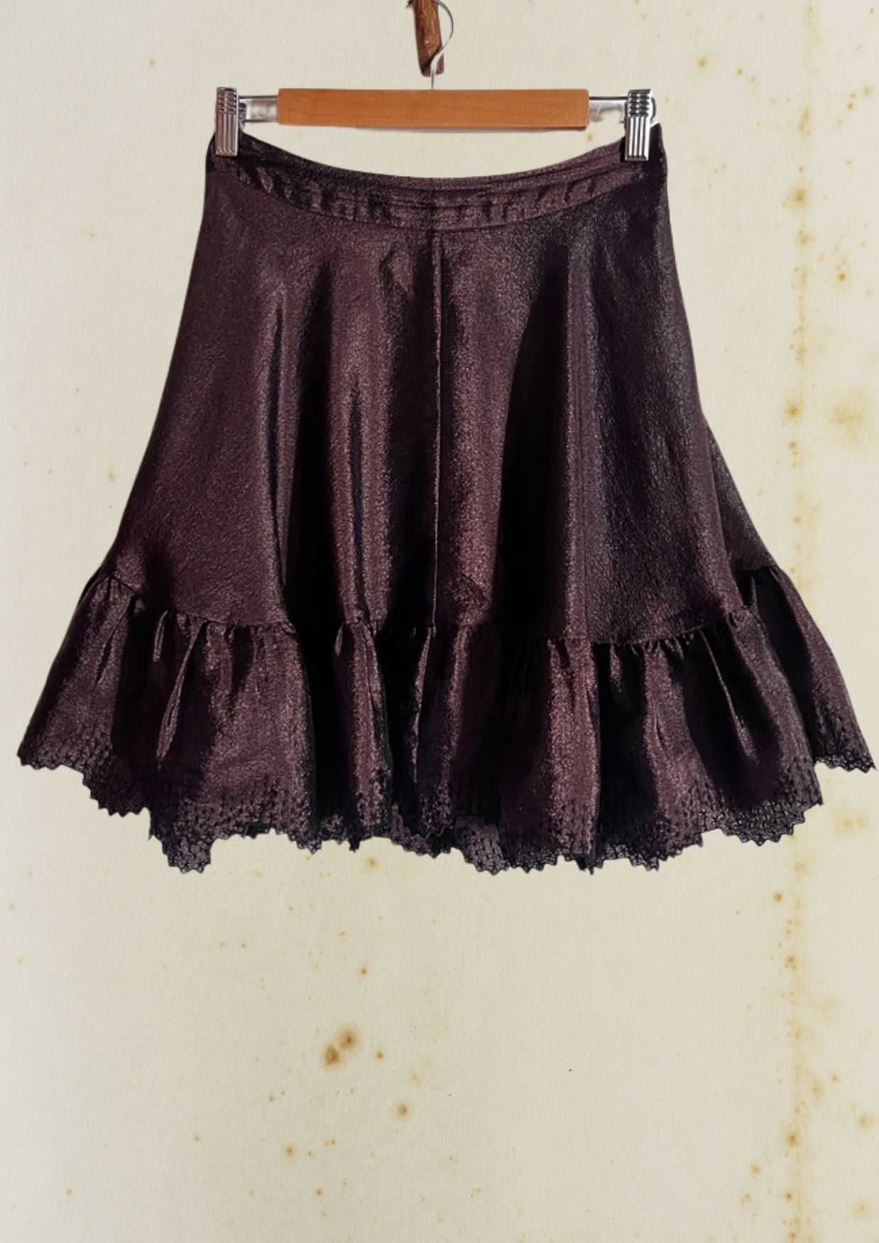 stinegoya toy brown black embroidery ruffle satin mini-skirt