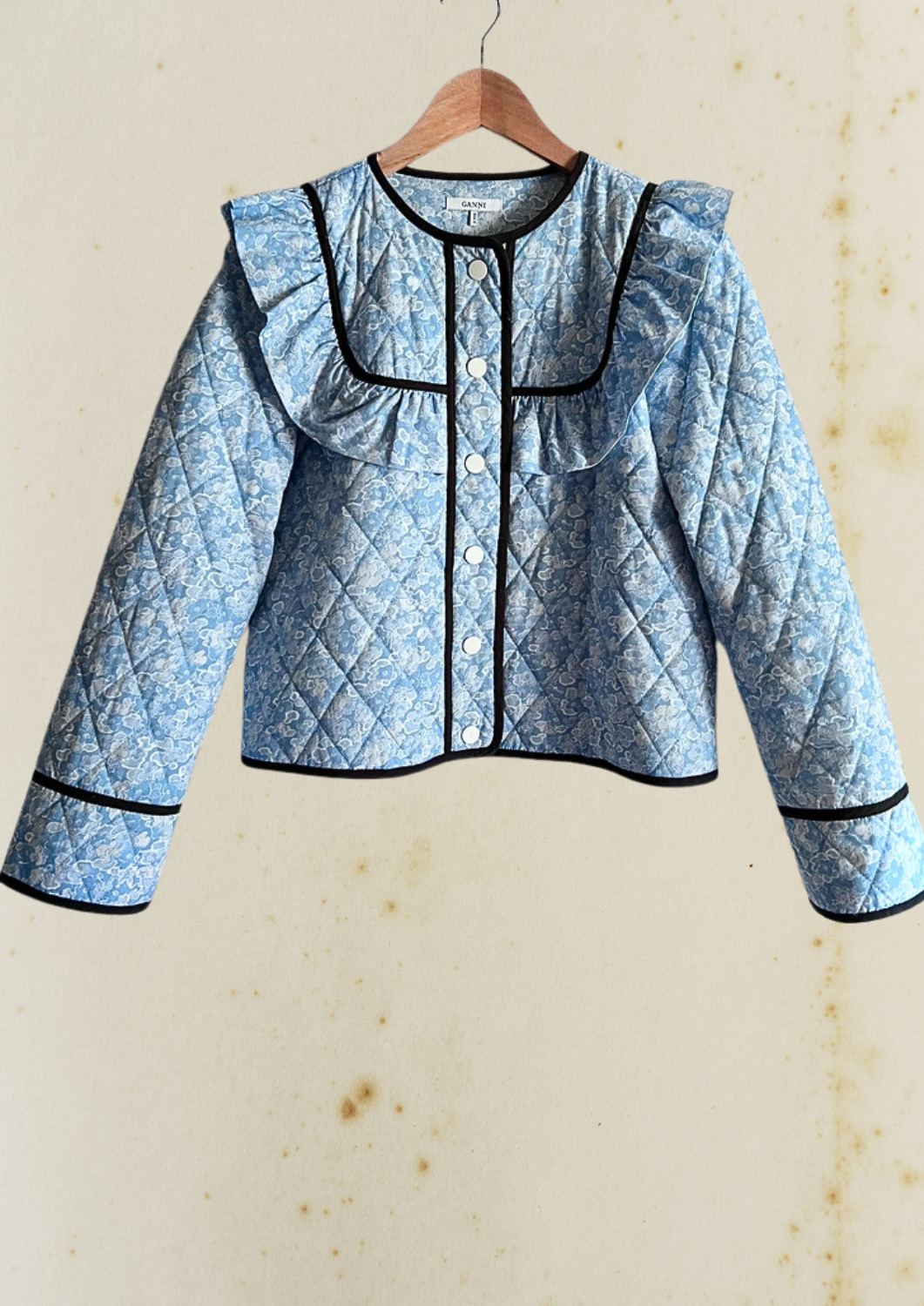 ganni blue white floral quilt ruffle jacket sage