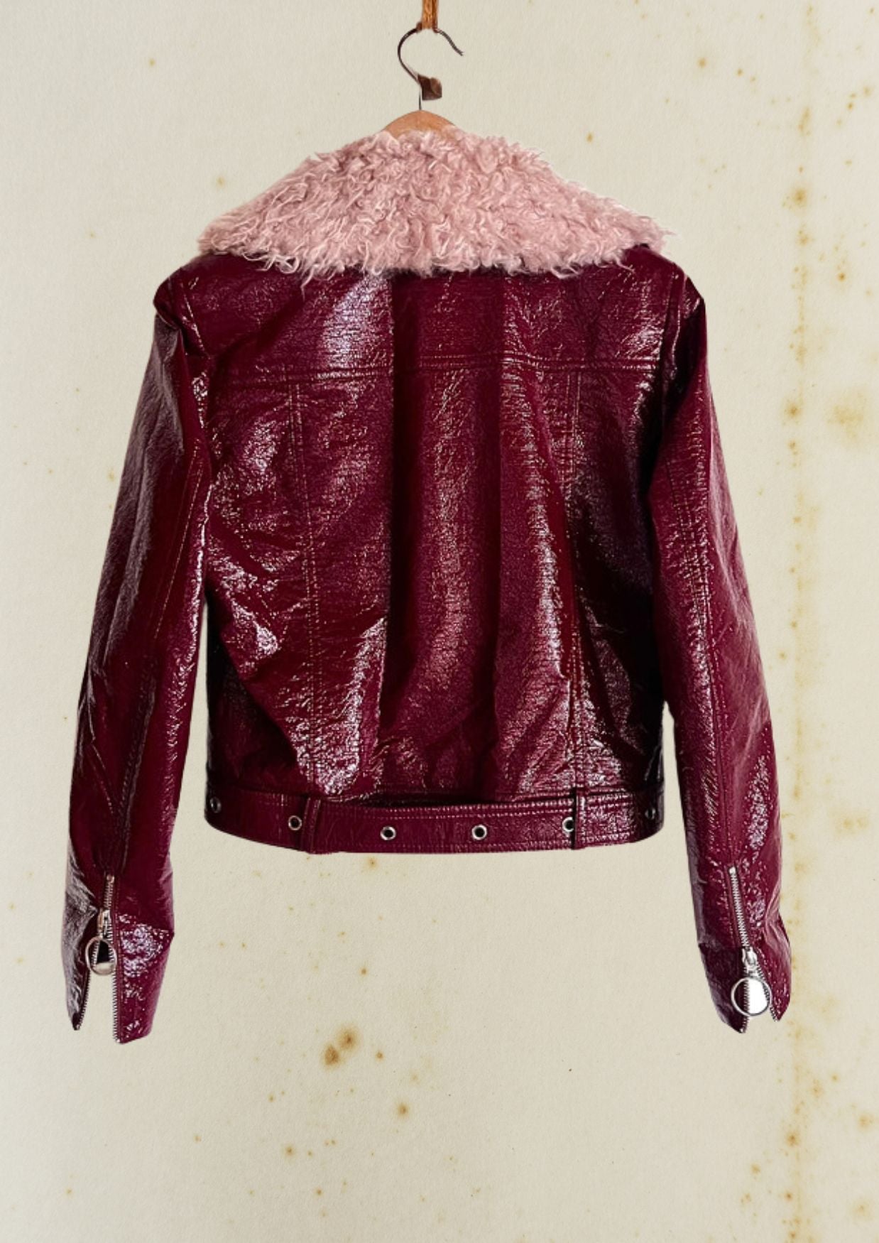 baumundpferdgarten vegan leather burgundy cherry red biker jacket perfecto simili collar