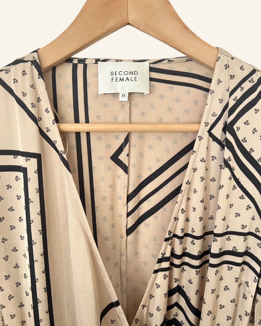 SECOND FEMALE satin beige patchwork pattern wrap midi dress