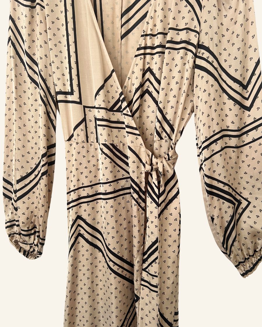 SECOND FEMALE satin beige patchwork pattern wrap midi dress