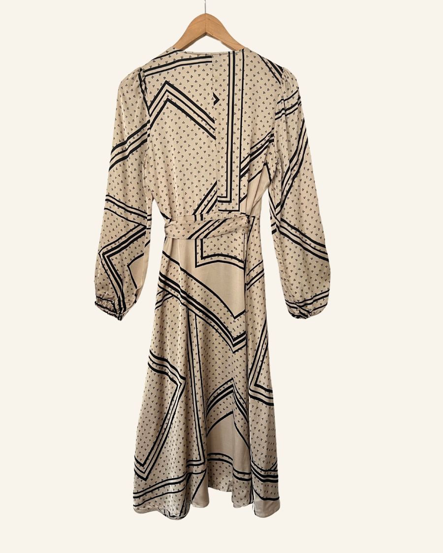 SECOND FEMALE satin beige patchwork pattern wrap midi dress