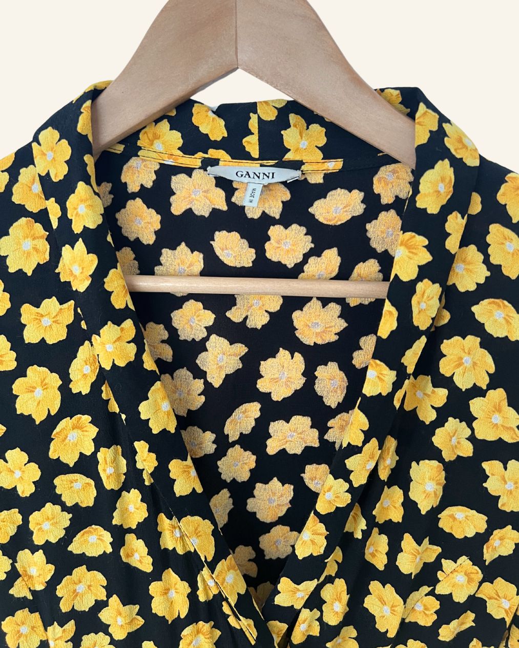 GANNI emory crepe black wrap dress with yellow floral print