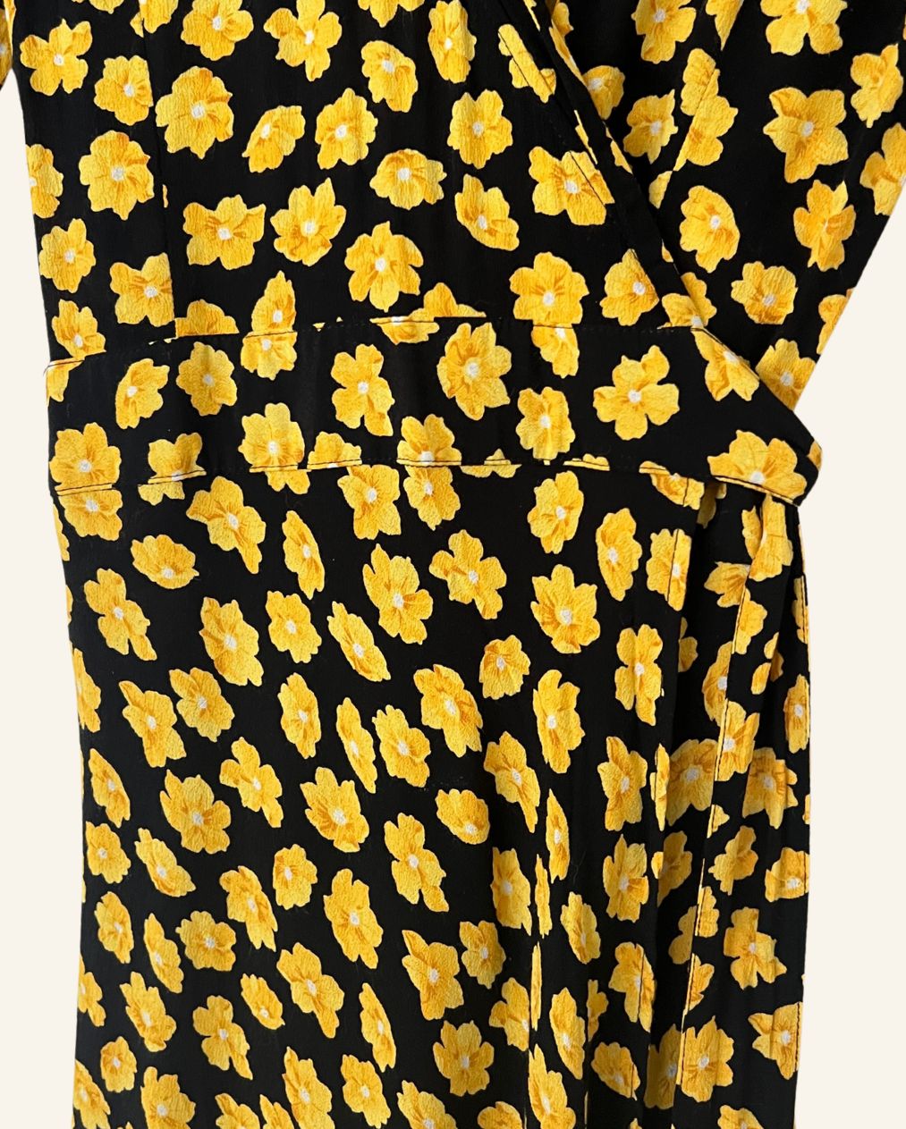 GANNI black wrap dress with yellow floral print