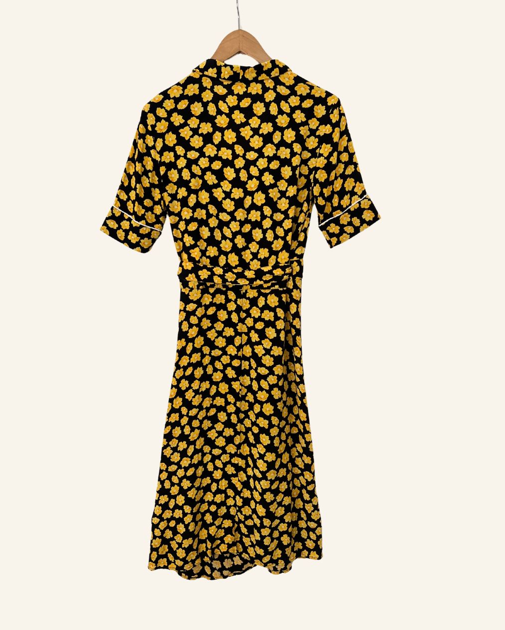 GANNI black wrap dress with yellow floral print