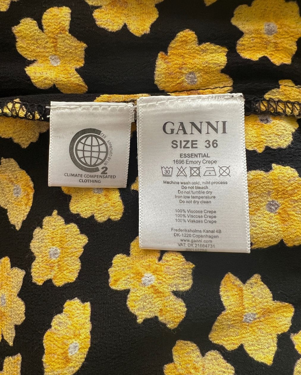 GANNI emory crepe black wrap dress with yellow floral print
