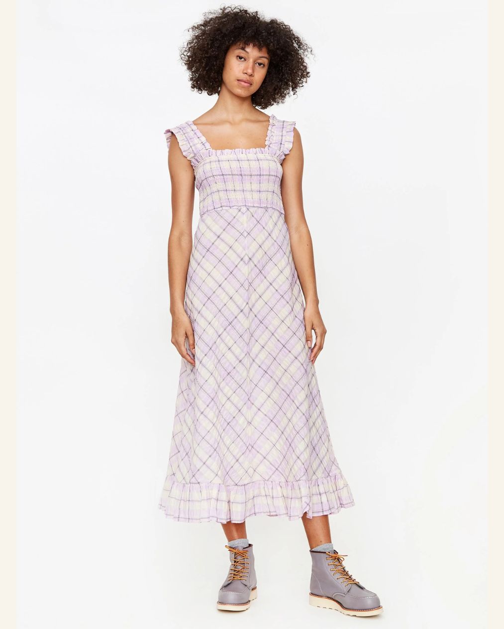 GANNI Beautiful long lilac and cream ruffled seersucker checked summer dress