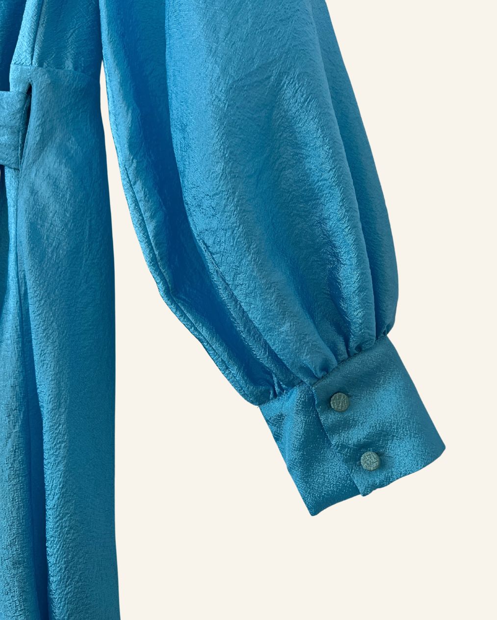 STINE GOYA "Steffi" aqua blue metallic shiny satin ruffle trim puff sleeves long wrap dress