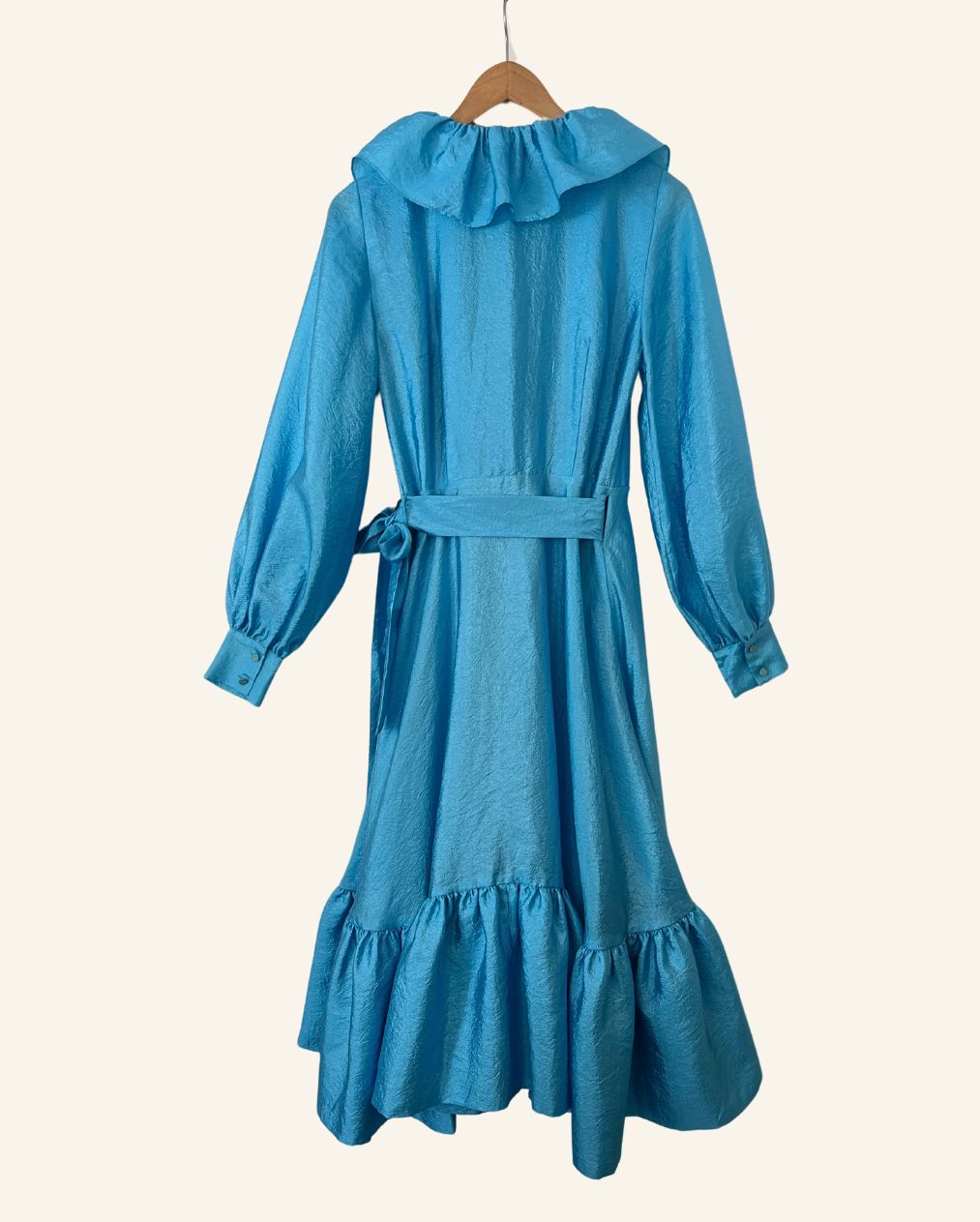 STINE GOYA "Steffi" aqua blue metallic shiny satin ruffle trim puff sleeves long wrap dress