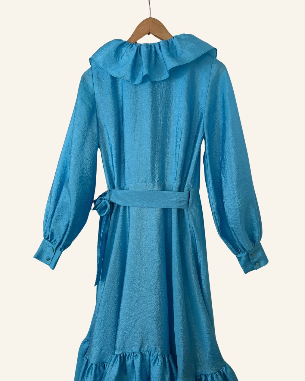 STINE GOYA "Steffi" aqua blue metallic shiny satin ruffle trim puff sleeves long wrap dress