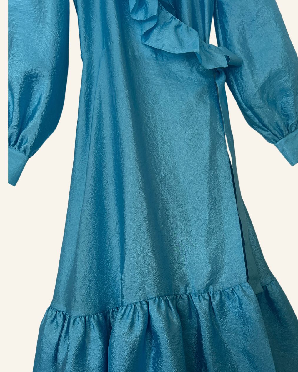 STINE GOYA "Steffi" aqua blue metallic shiny satin ruffle trim puff sleeves long wrap dress