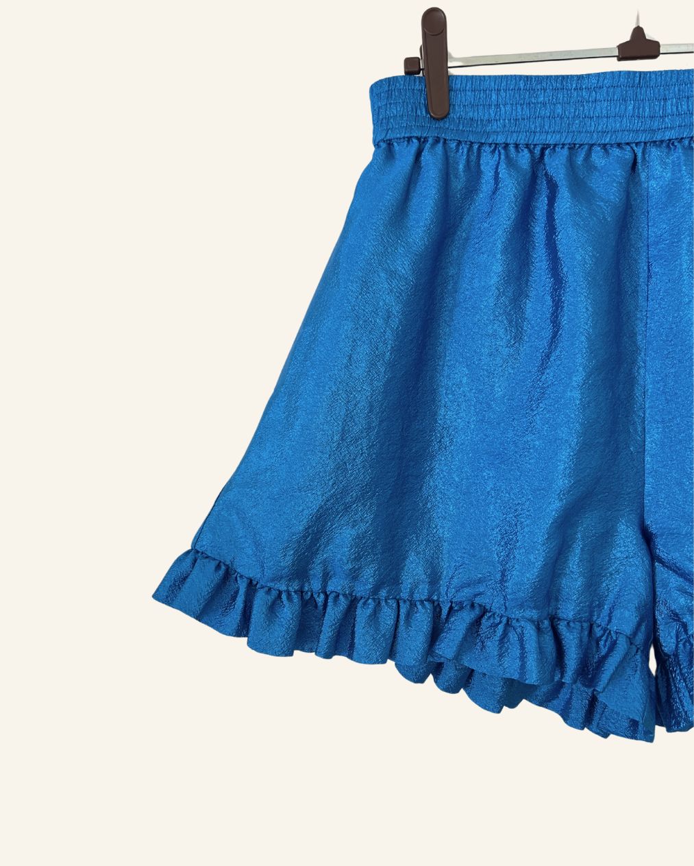 STINE GOYA "Joselyn" blue ruffled high-waist satin shorts