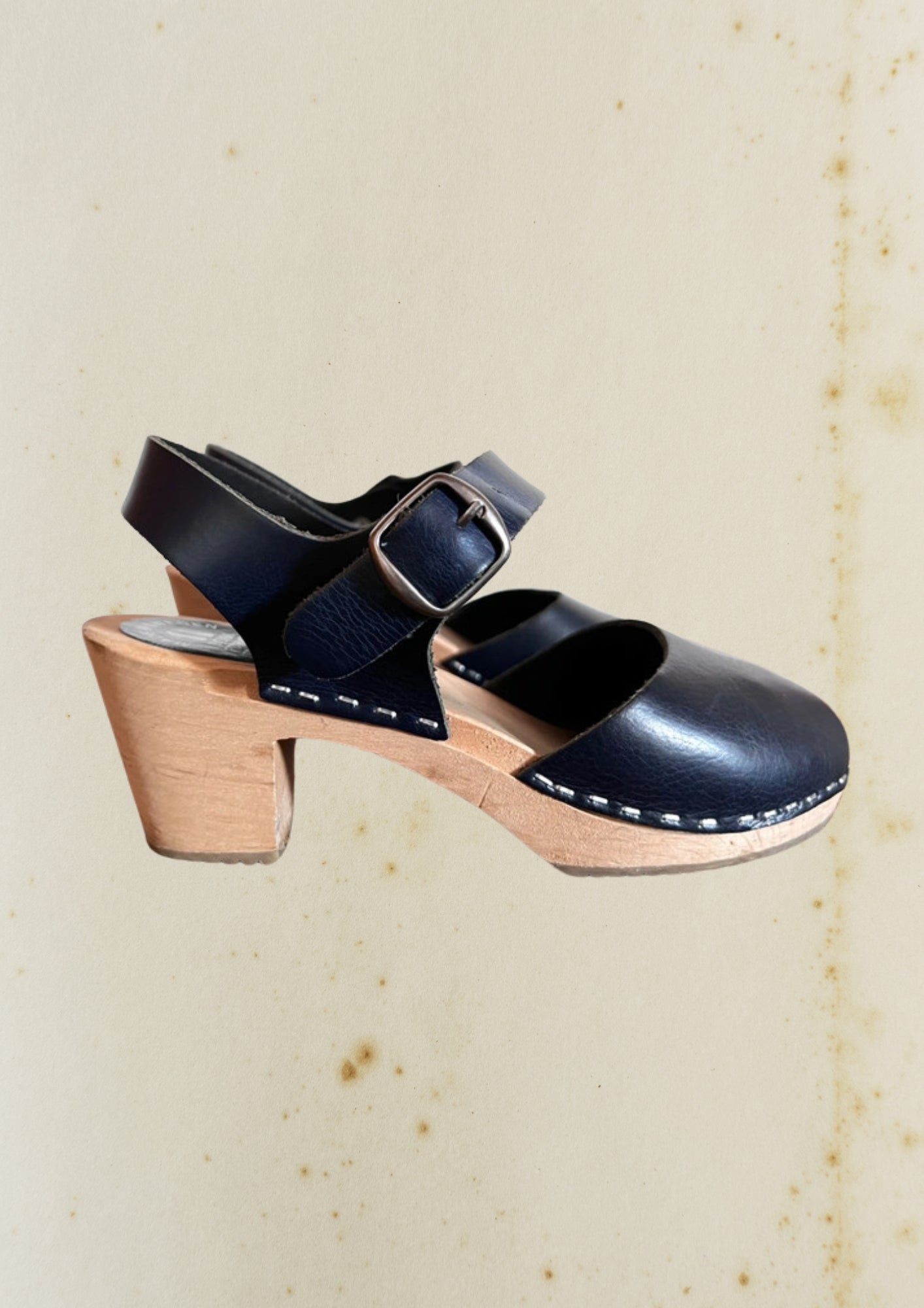 dark blue leather vintage swedish clog shoe wood