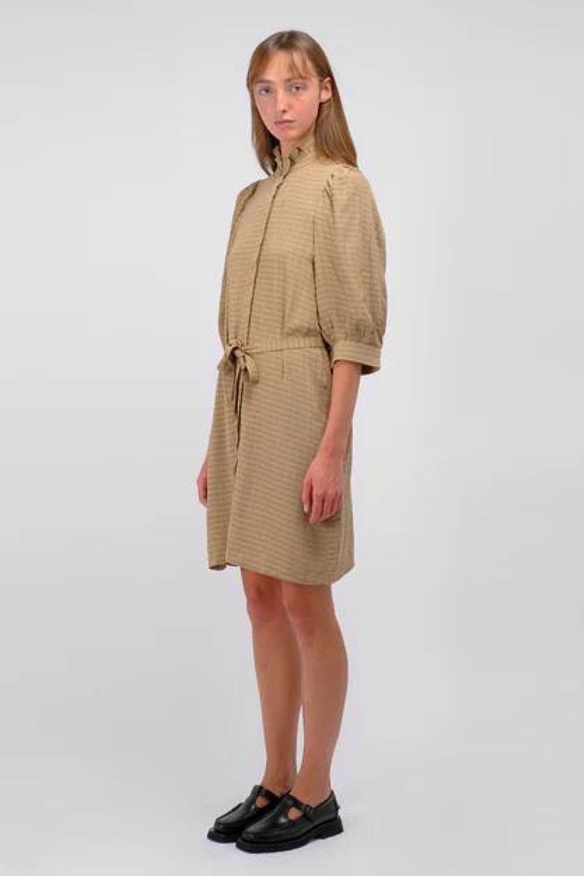samsoesamsoe beige brown belt shirt dress check vichy ruffle collar mejsi