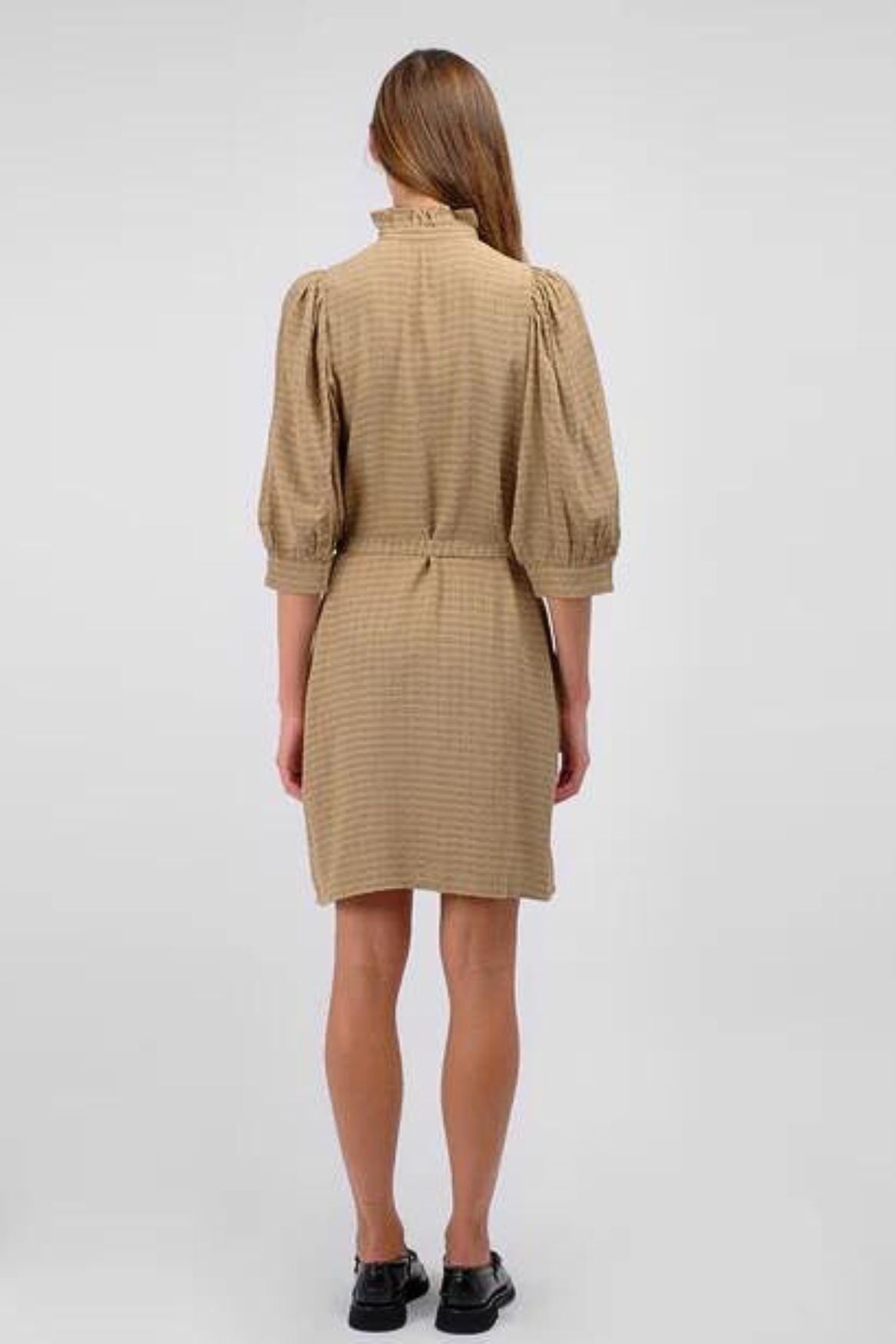 samsoesamsoe mejsi beige brown belt shirt dress check vichy ruffle collar