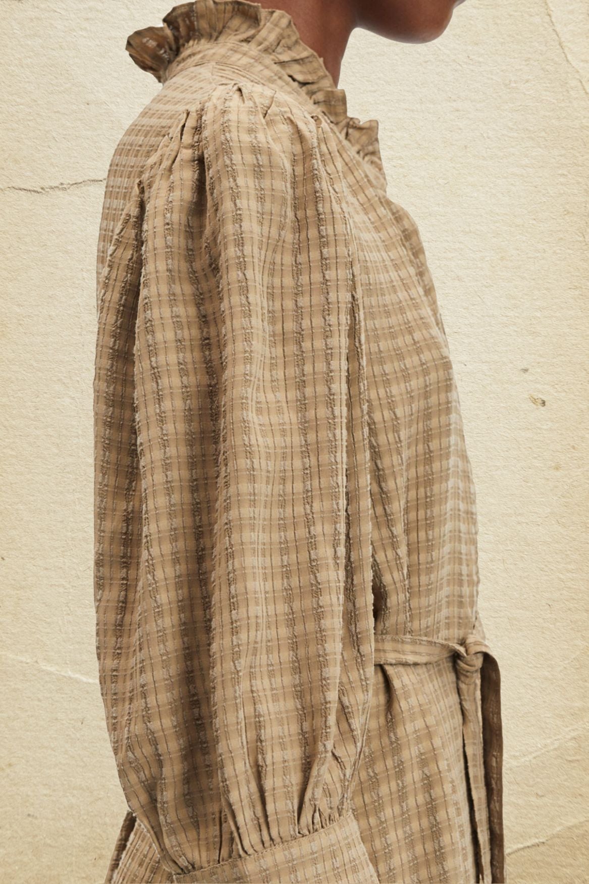 samsoesamsoe mejsi beige brown belt shirt dress check vichy ruffle collar
