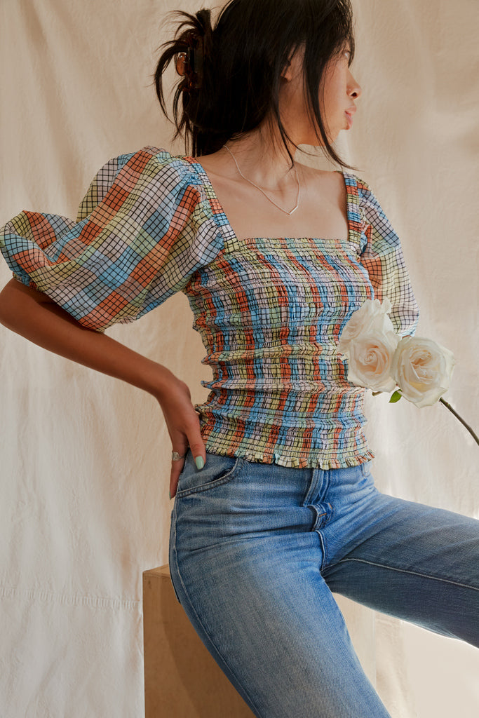 GANNI multicolored seersucker puff sleeves smock top blouse