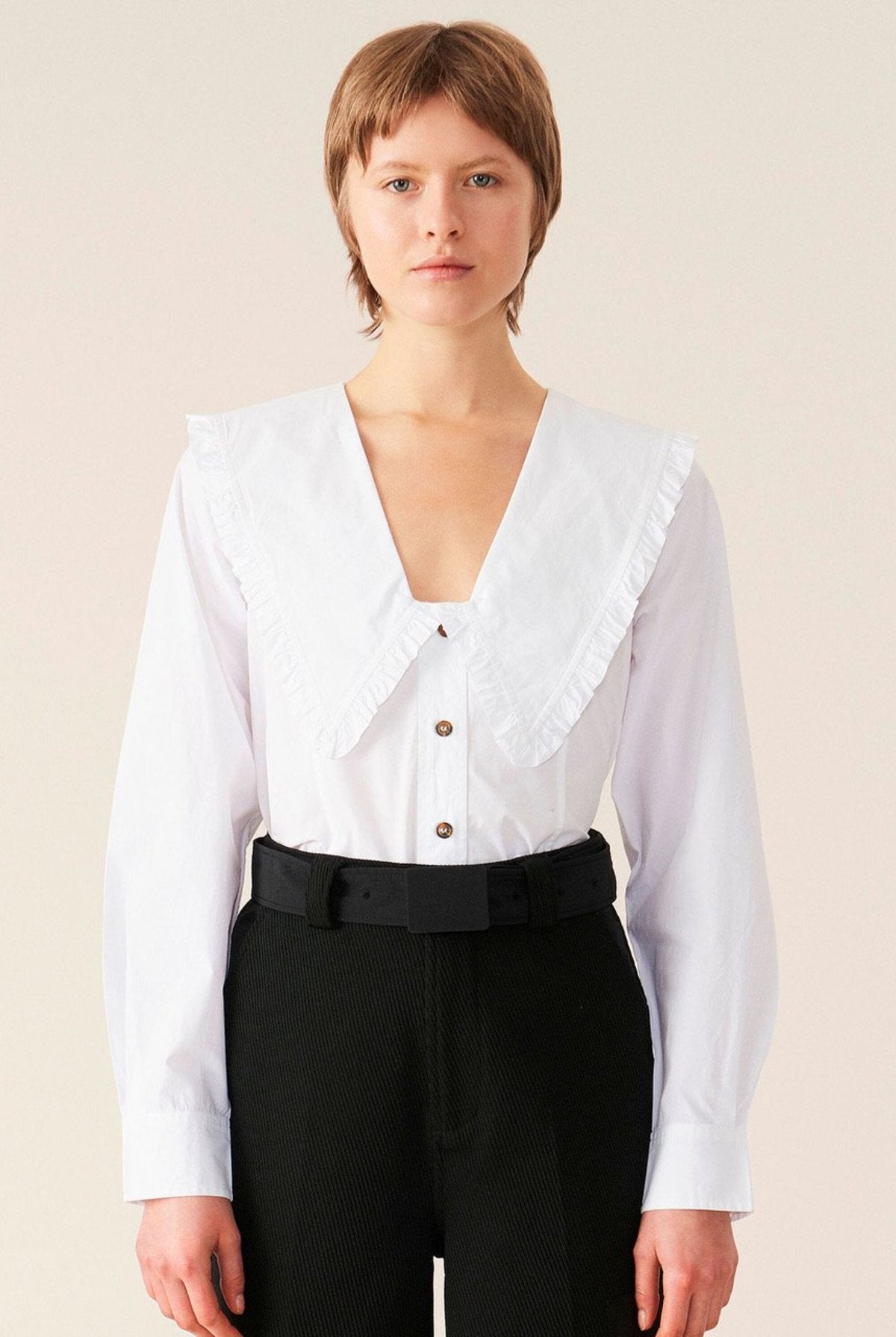 GANNI V-neck ruffled bib collar white cotton poplin shirt
