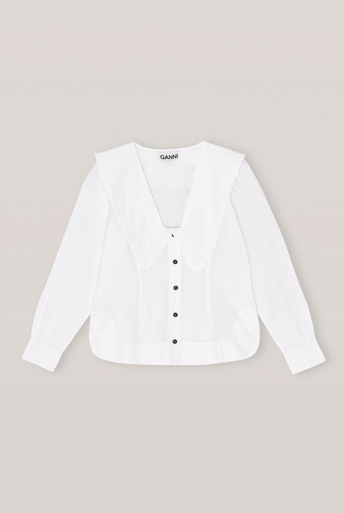 GANNI V-neck ruffled bib collar white cotton poplin shirt3