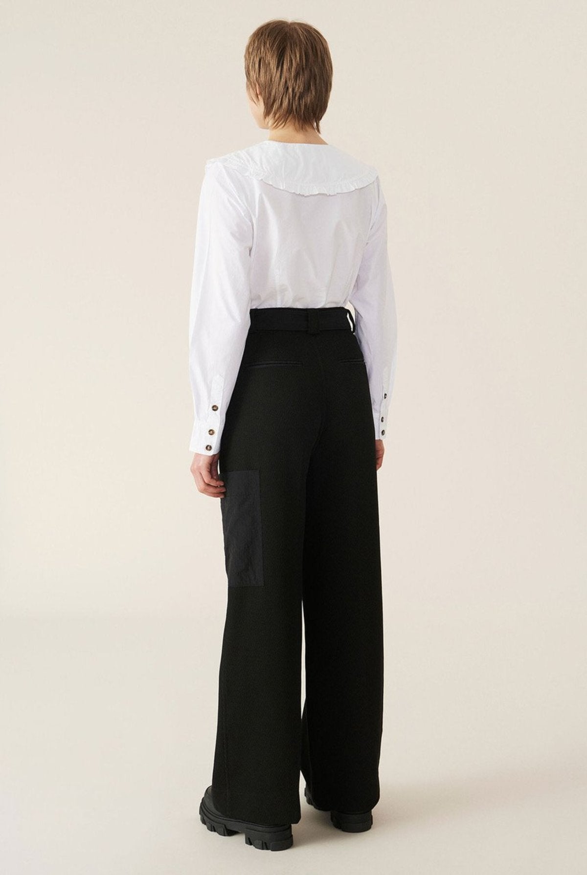 GANNI V-neck ruffled bib collar white cotton poplin shirt 1