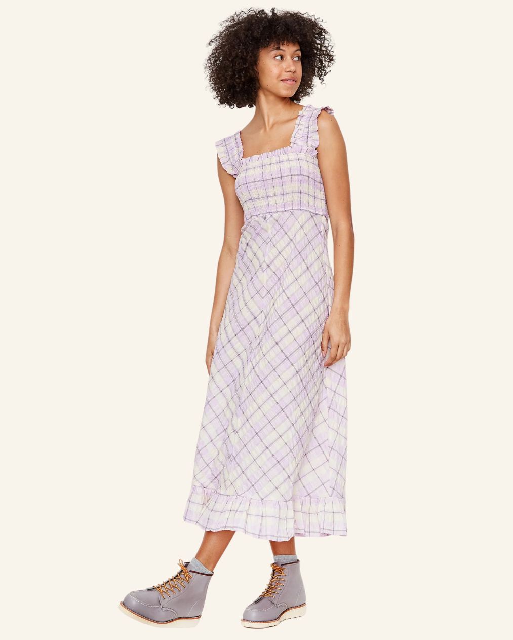 GANNI Beautiful long lilac and cream ruffled seersucker checked summer dress