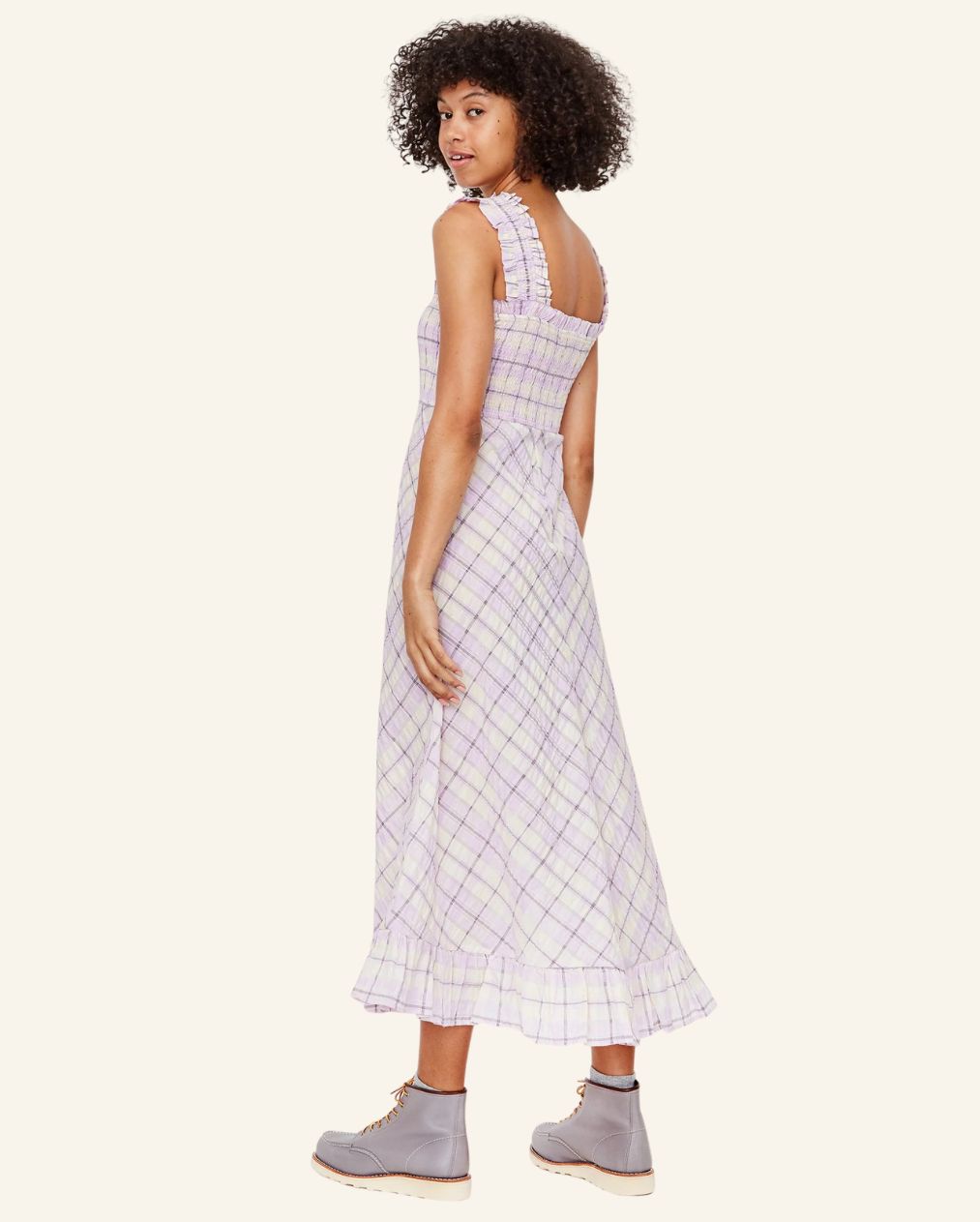 GANNI Beautiful long lilac and cream ruffled seersucker checked summer dress