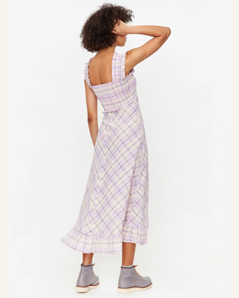GANNI Beautiful long lilac and cream ruffled seersucker checked summer dress