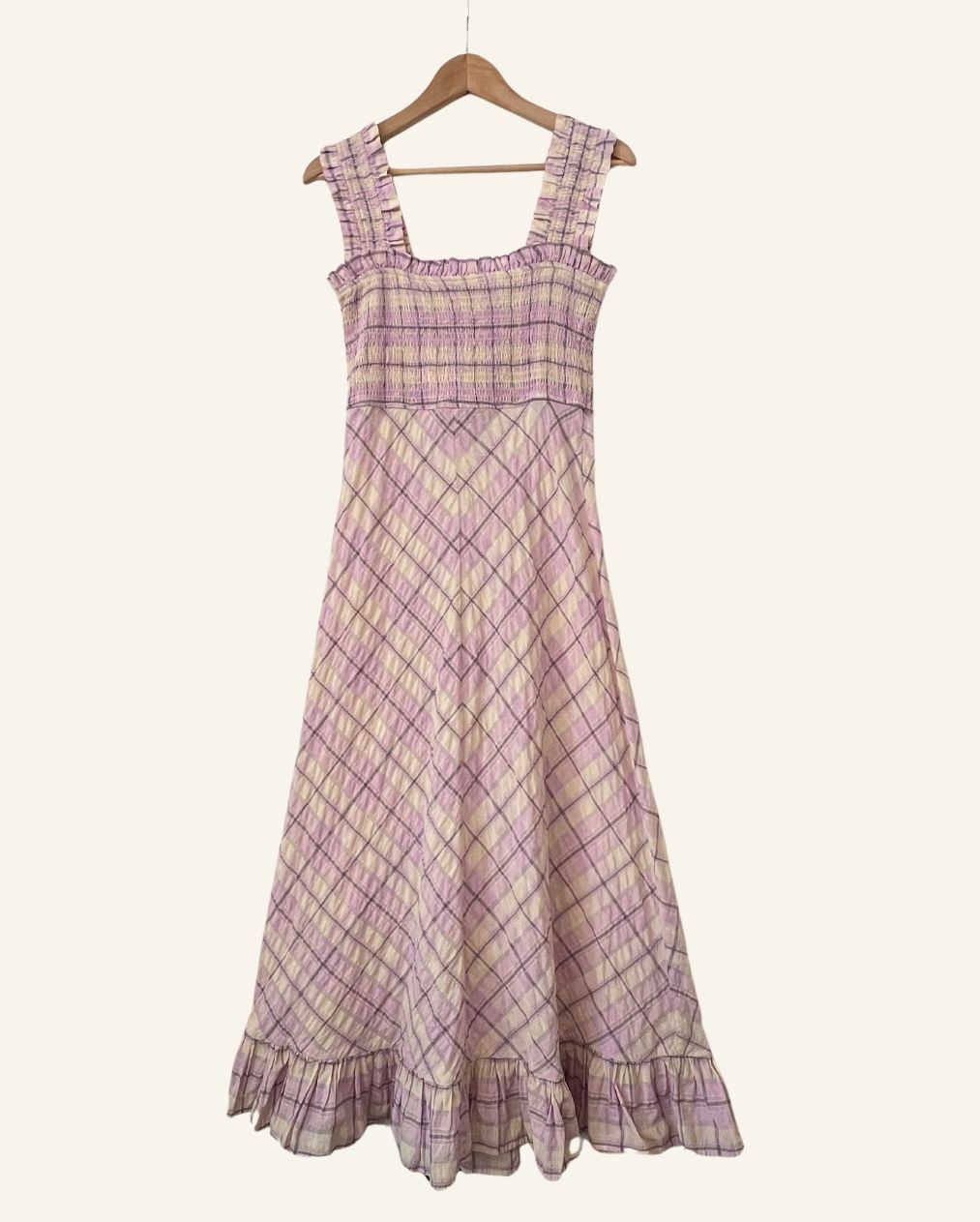 GANNI Beautiful long lilac and cream ruffled seersucker checked summer dress